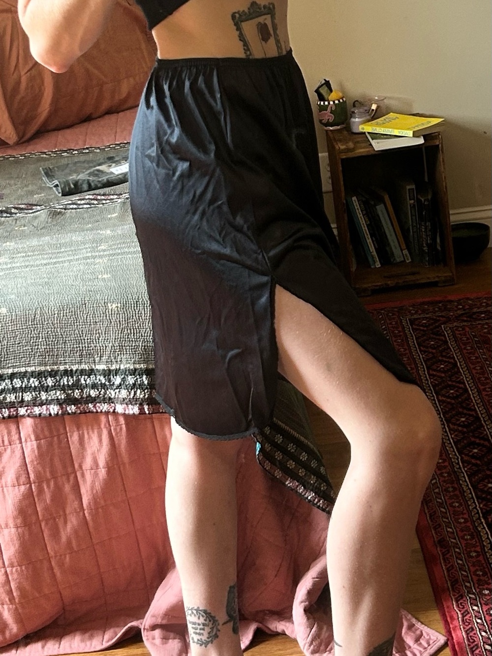 Black Side-Slit Midi Slip Skirt